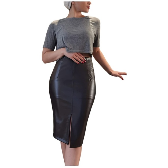 Faux Leather Pencil Skirt High Waist Split  Midi Hip Skirt - Picture 4 of 7